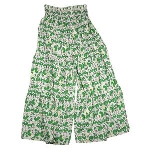 Green Floral Star Print Tiered Wide Leg Smocked Waist Palazzo Pants Womens L